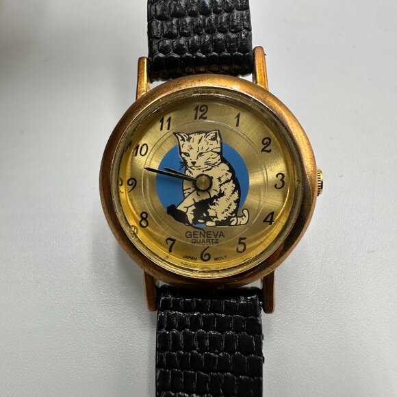 Vintage Geneva Cat Women Gold Tone Rotating Mouse Seconds Hand New Battery - Picture 1 of 12
